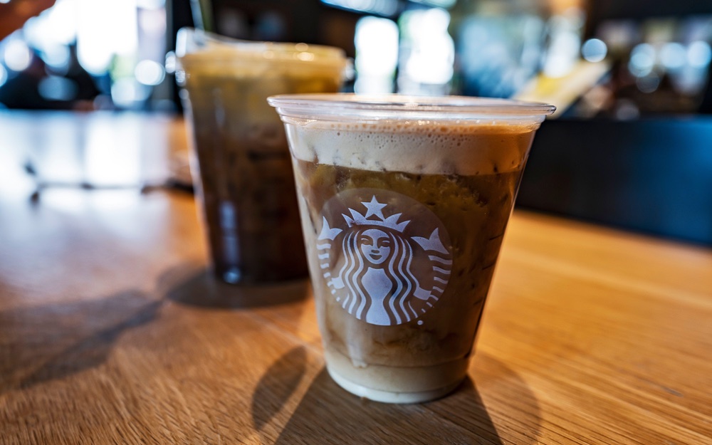 A Starbucks Oleato olive oil coffee drink at a café.